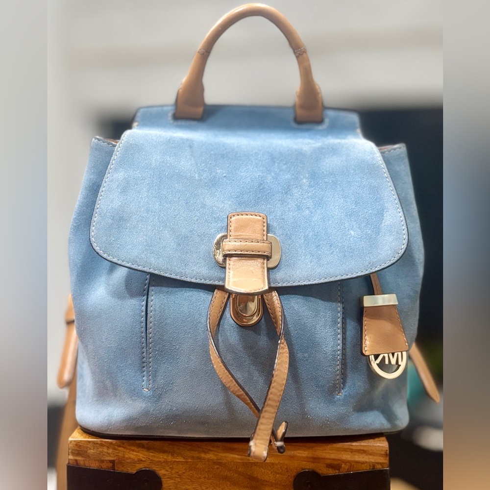 Michael Kors Light Blue Suede Backpack with Tan Leather Trim